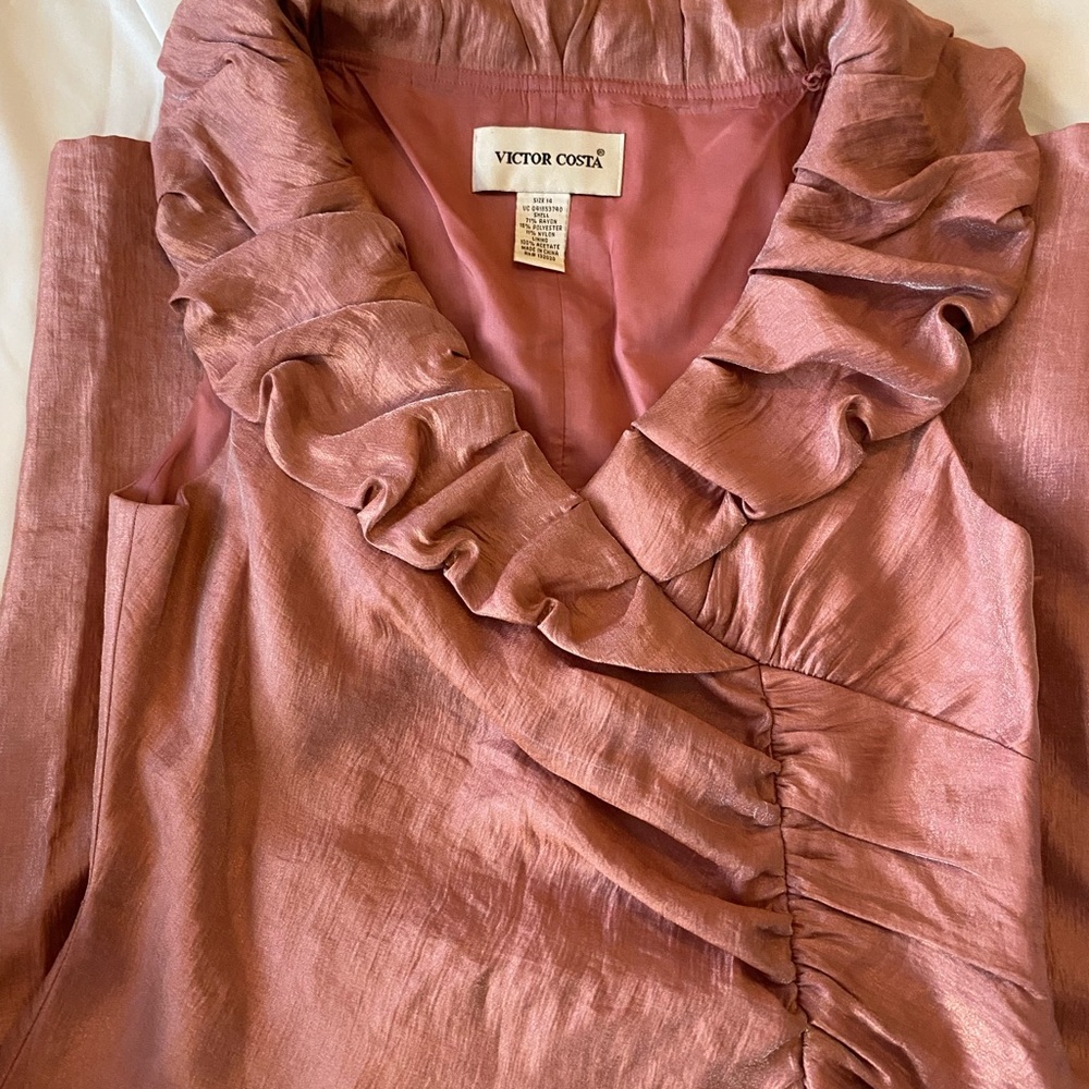 Victor Costa Shimmery Rose Ruffle Neck Dress - Picture 3 of 10
